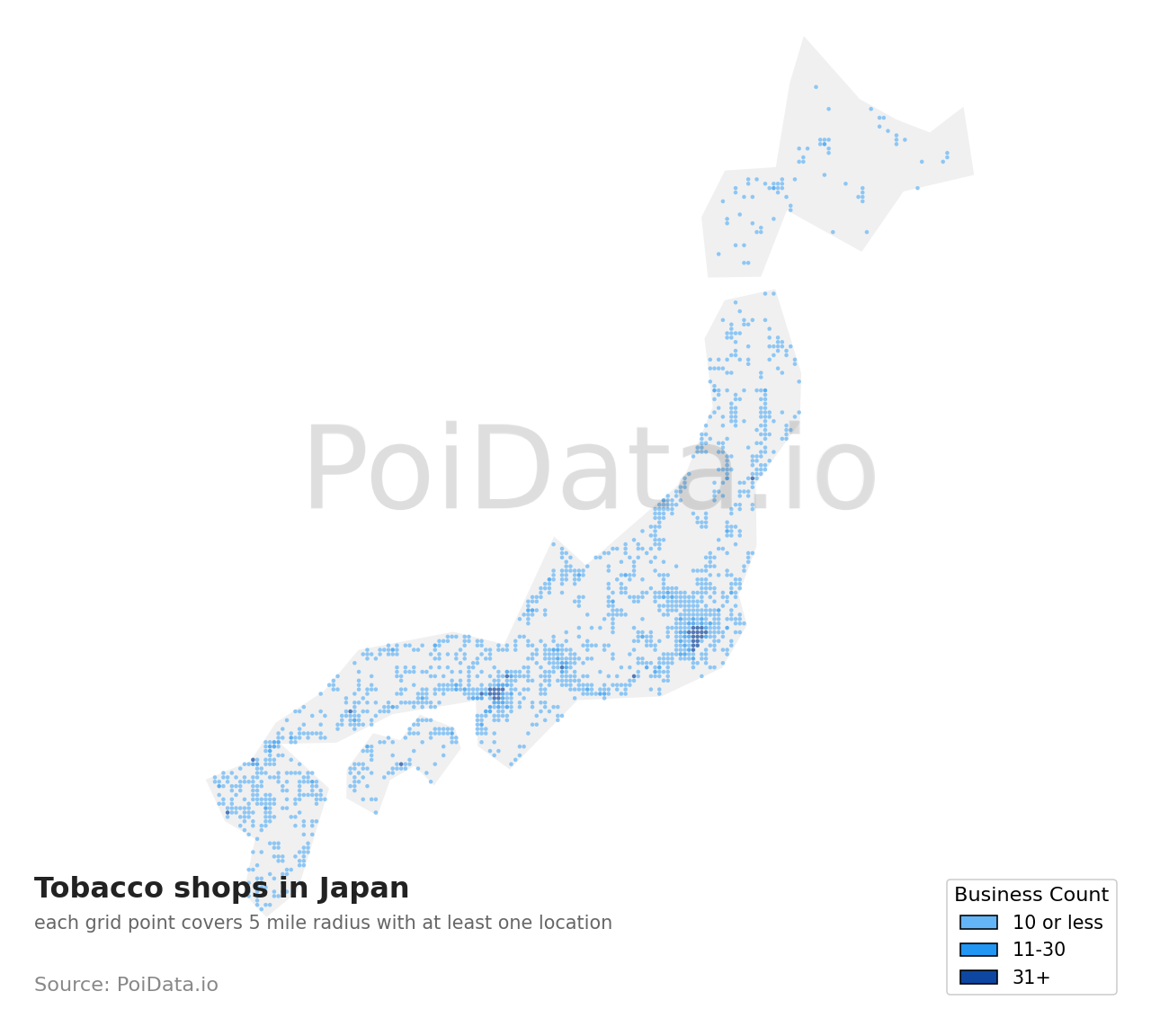 Tobacco shop density map for Japan