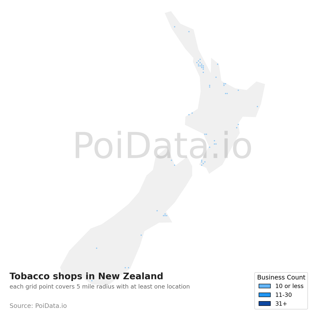 Tobacco shop density map for New Zealand