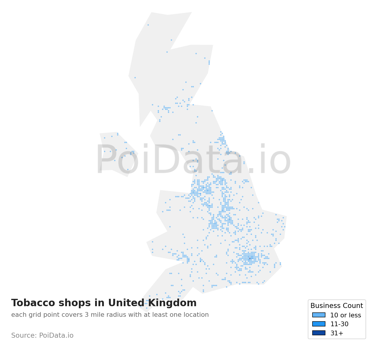 Tobacco shop density map for United Kingdom