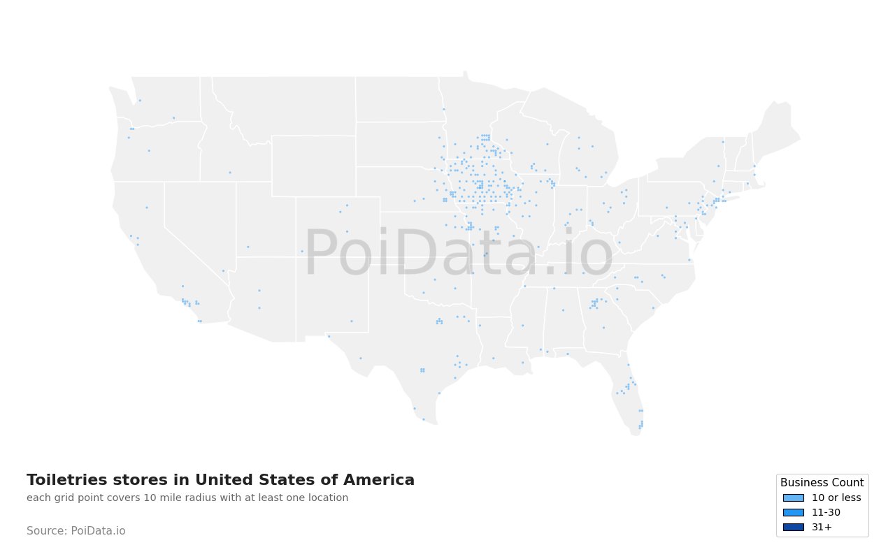 Toiletries store density map for United States