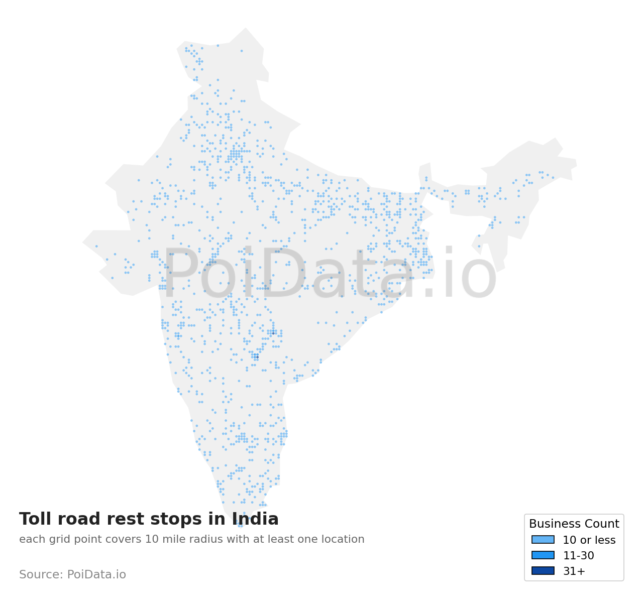 Toll road rest stop density map for India