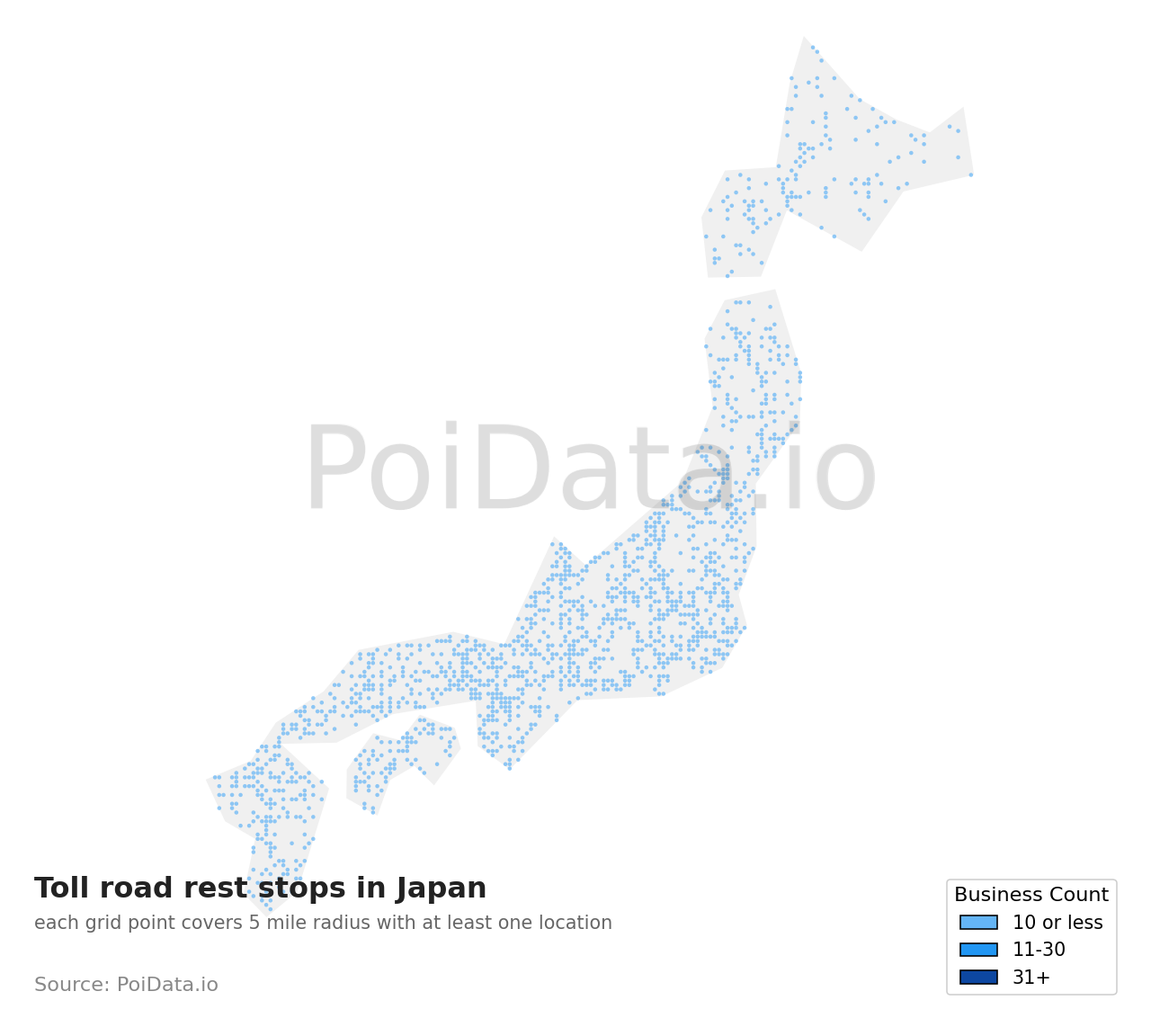Toll road rest stop density map for Japan