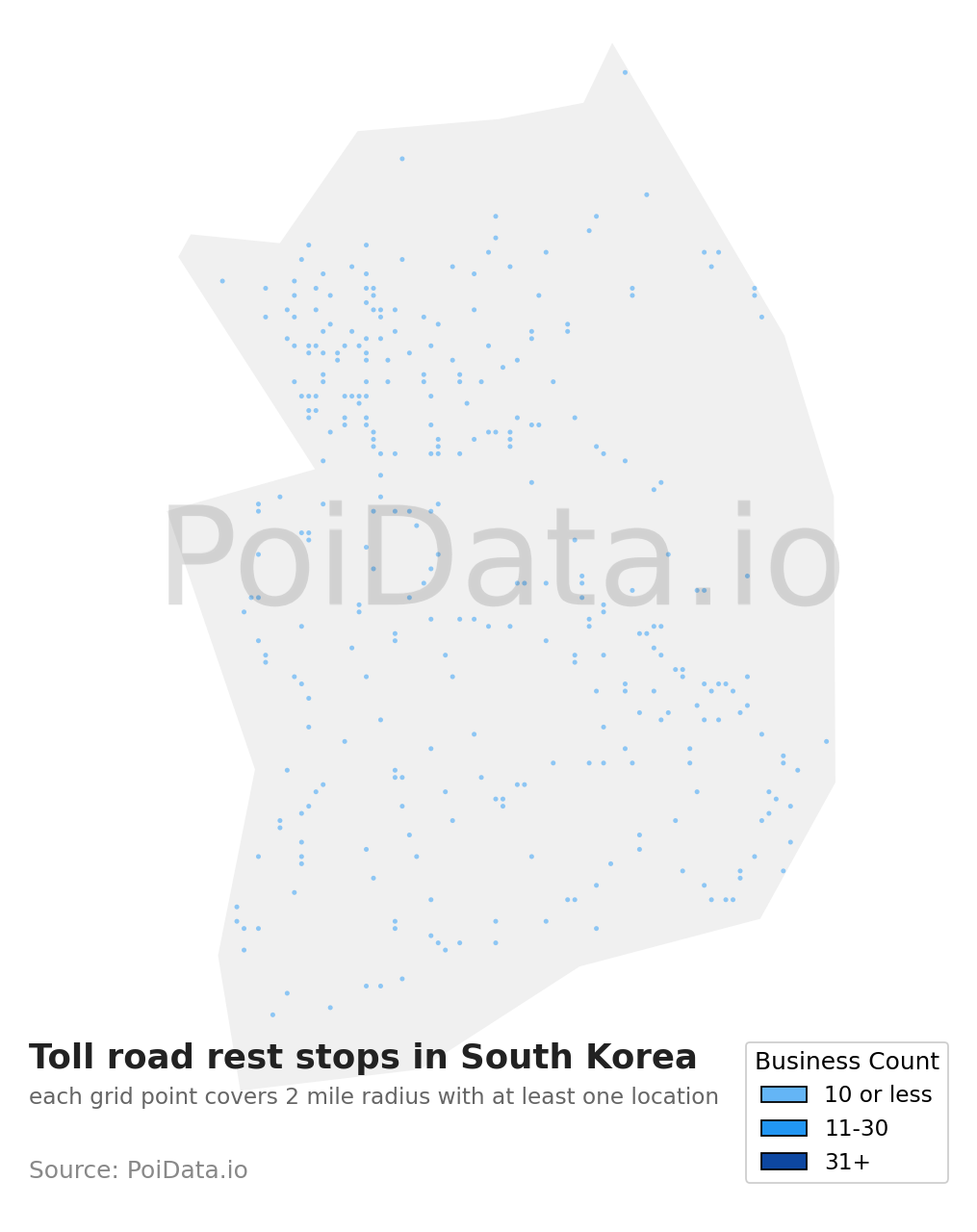 Toll road rest stop density map for South Korea