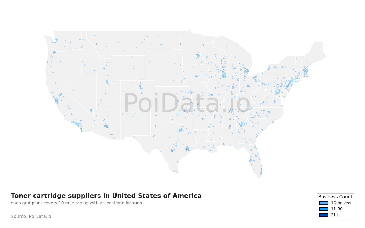 Toner cartridge supplier density map for United States
