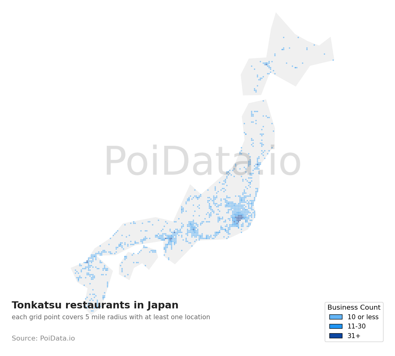 Tonkatsu restaurant density map for Kiso District, Nagano, Japan
