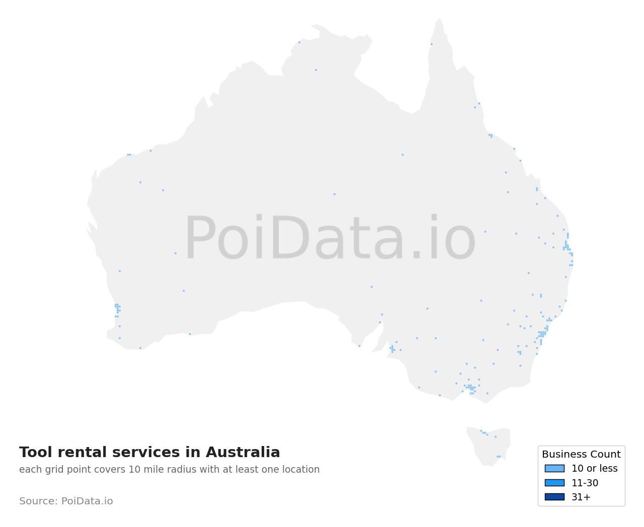Tool rental service density map for Australia