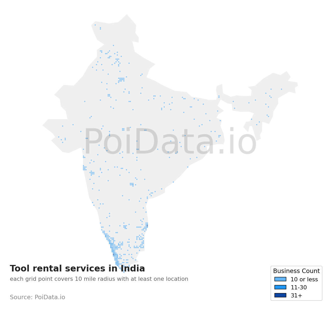 Tool rental service density map for India