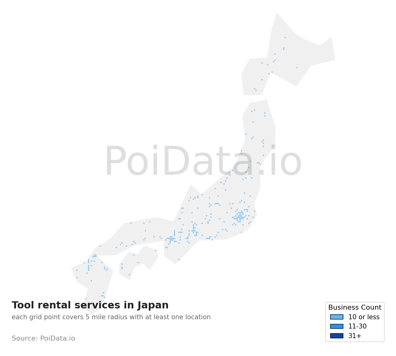Tool rental service density map for Japan