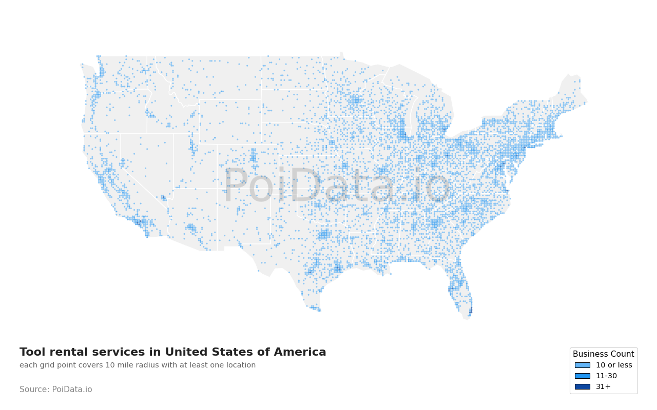 Tool rental service density map for Massachusetts, United States