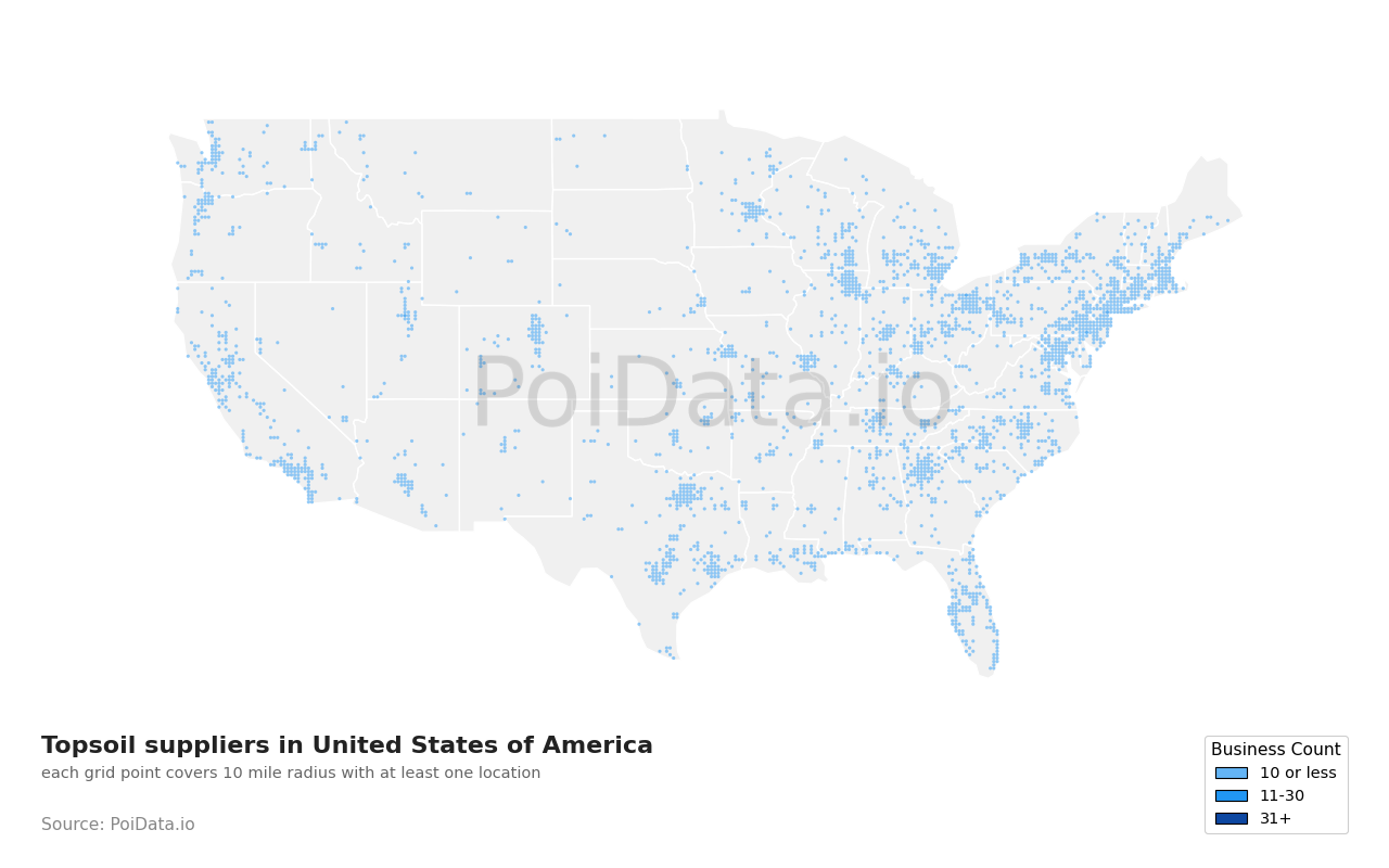 Topsoil supplier density map for North Carolina, United States