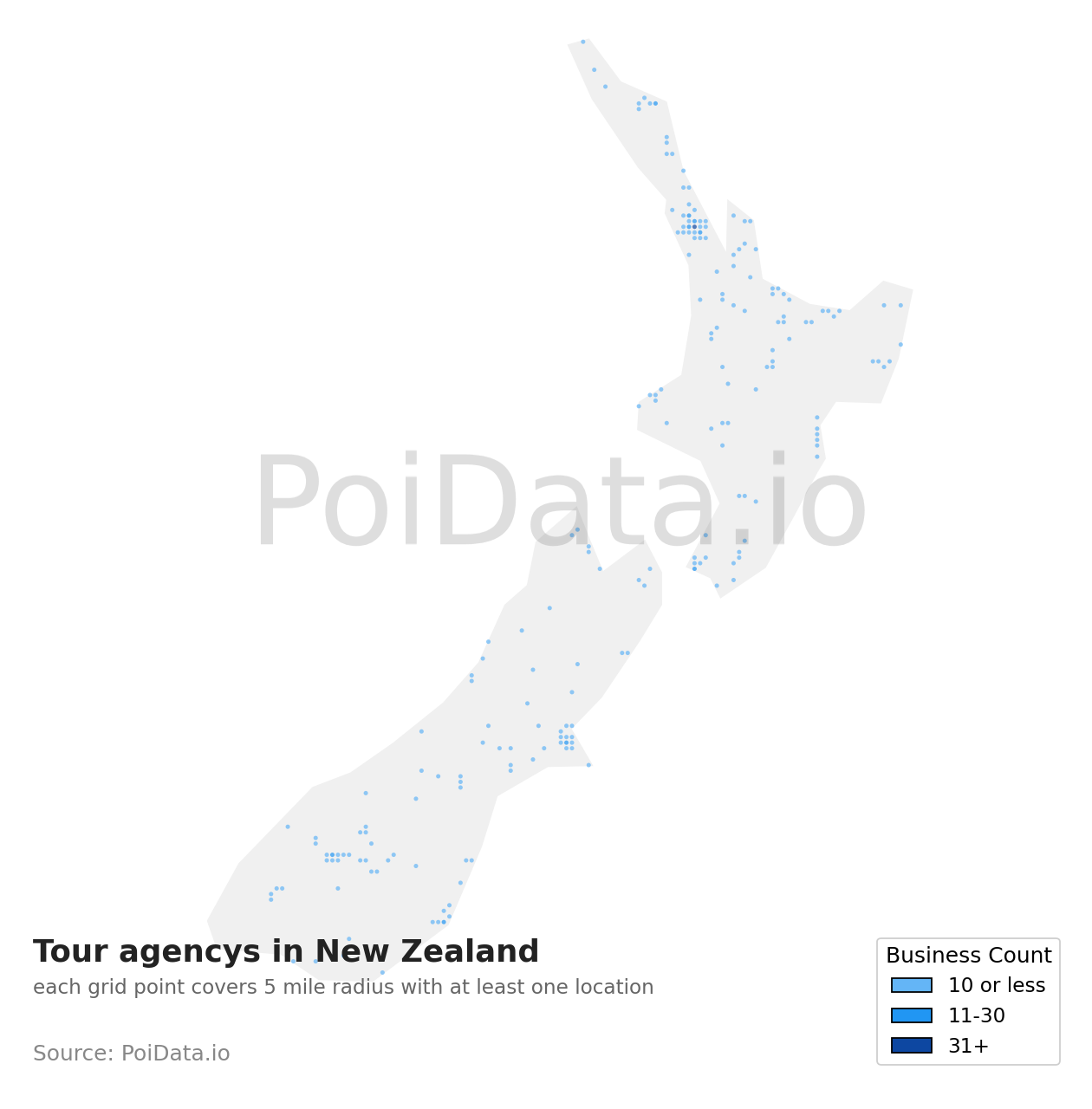 Tour agency density map for New Zealand
