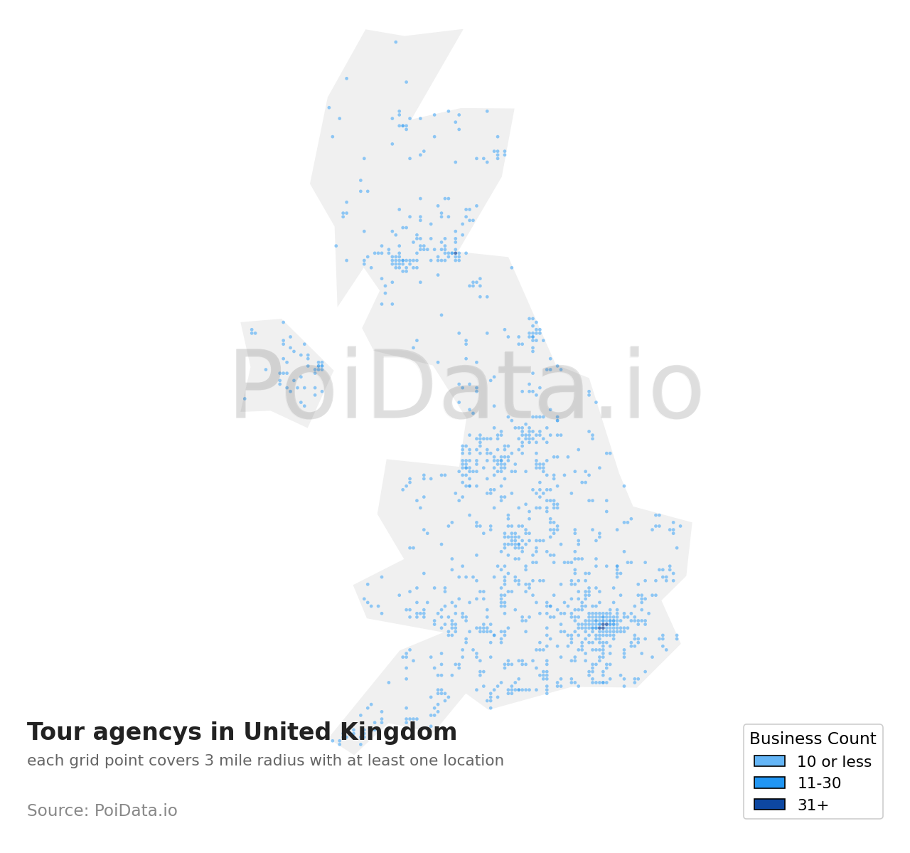 Tour agency density map for United Kingdom