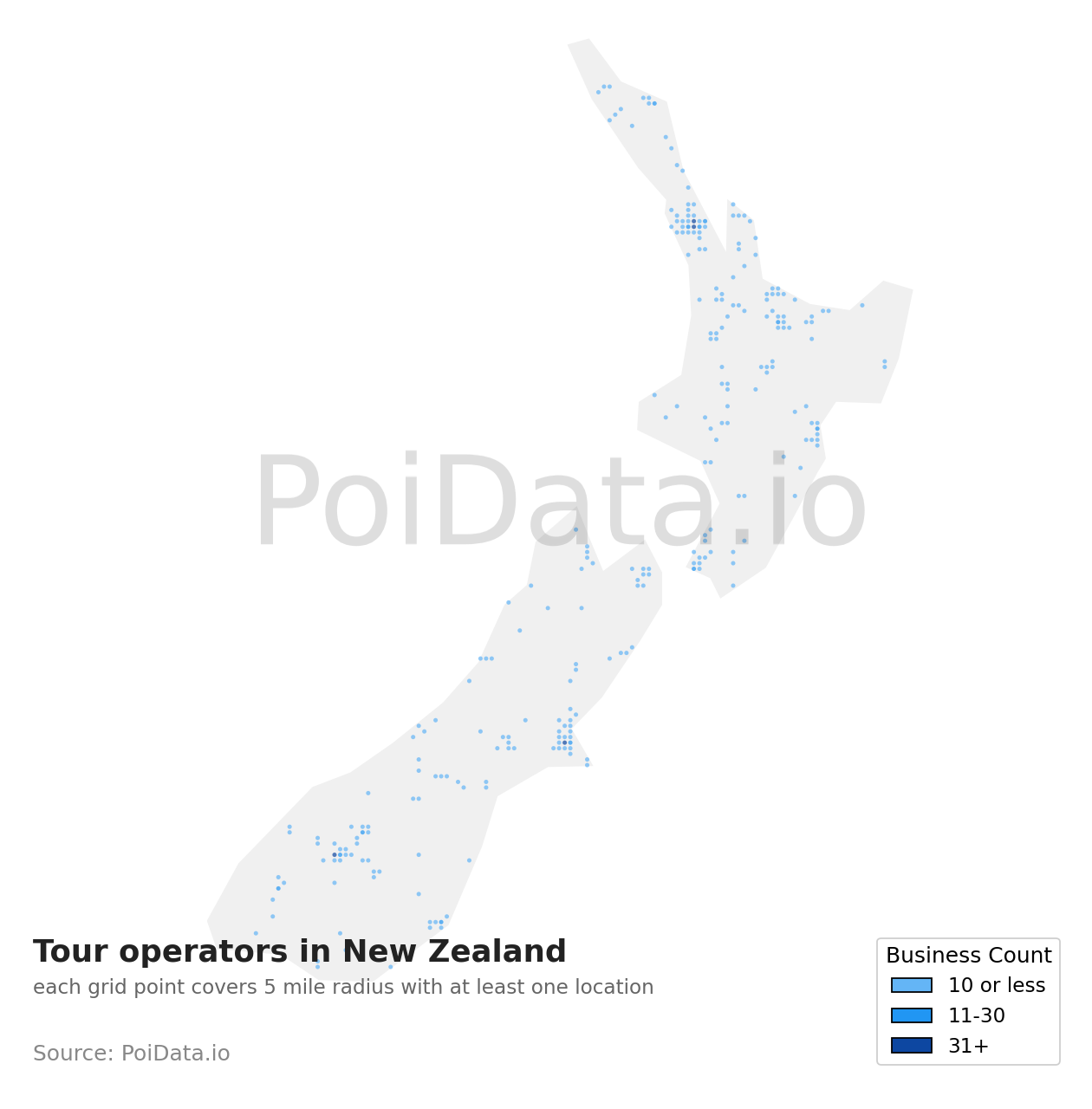 Tour operator density map for New Zealand