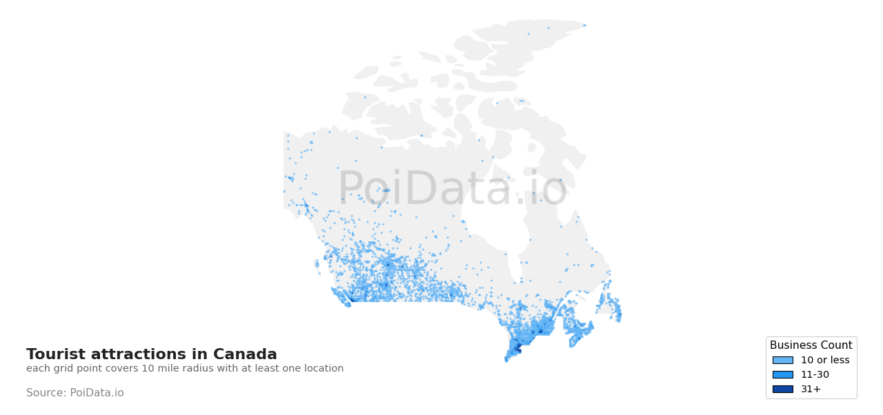 Tourist attraction density map for Canada