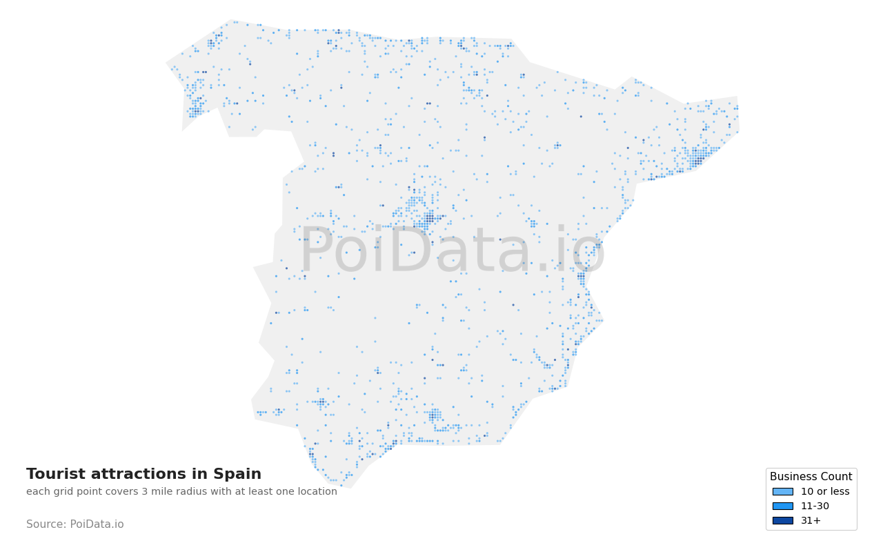 Tourist attraction density map for Spain