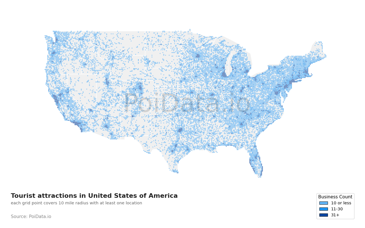Tourist attraction density map for Florida, United States