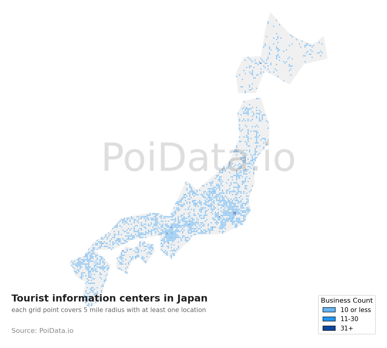 Tourist information center density map for Motoyoshi District, Miyagi, Japan