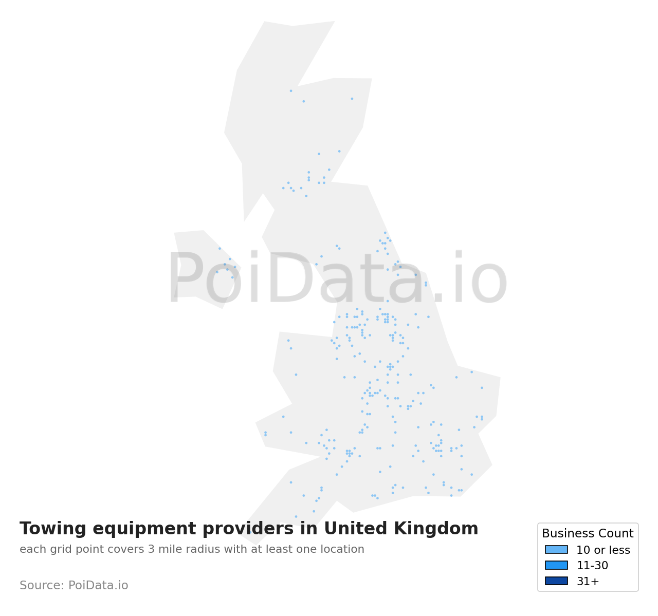 Towing equipment provider density map for United Kingdom