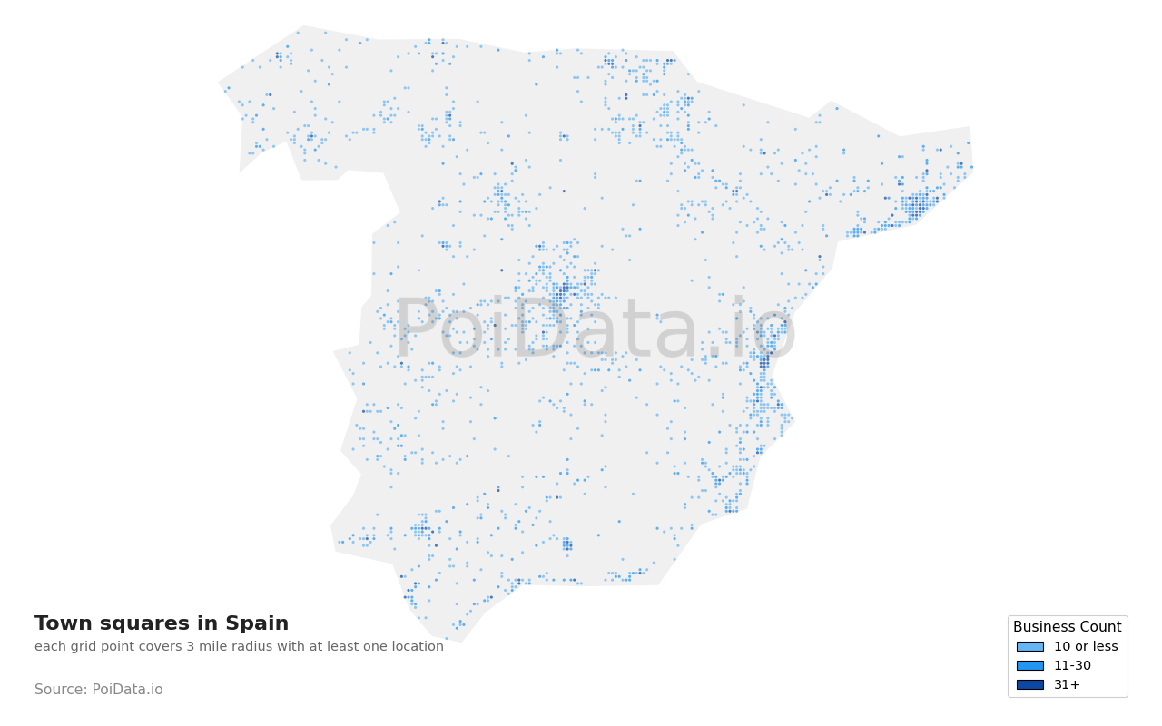 Town square density map for Spain