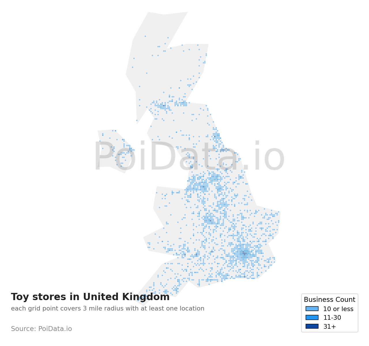Toy store density map for United Kingdom