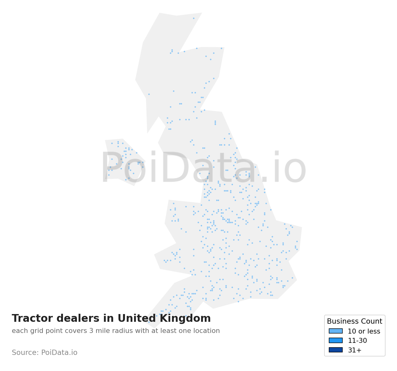 Tractor dealer density map for United Kingdom