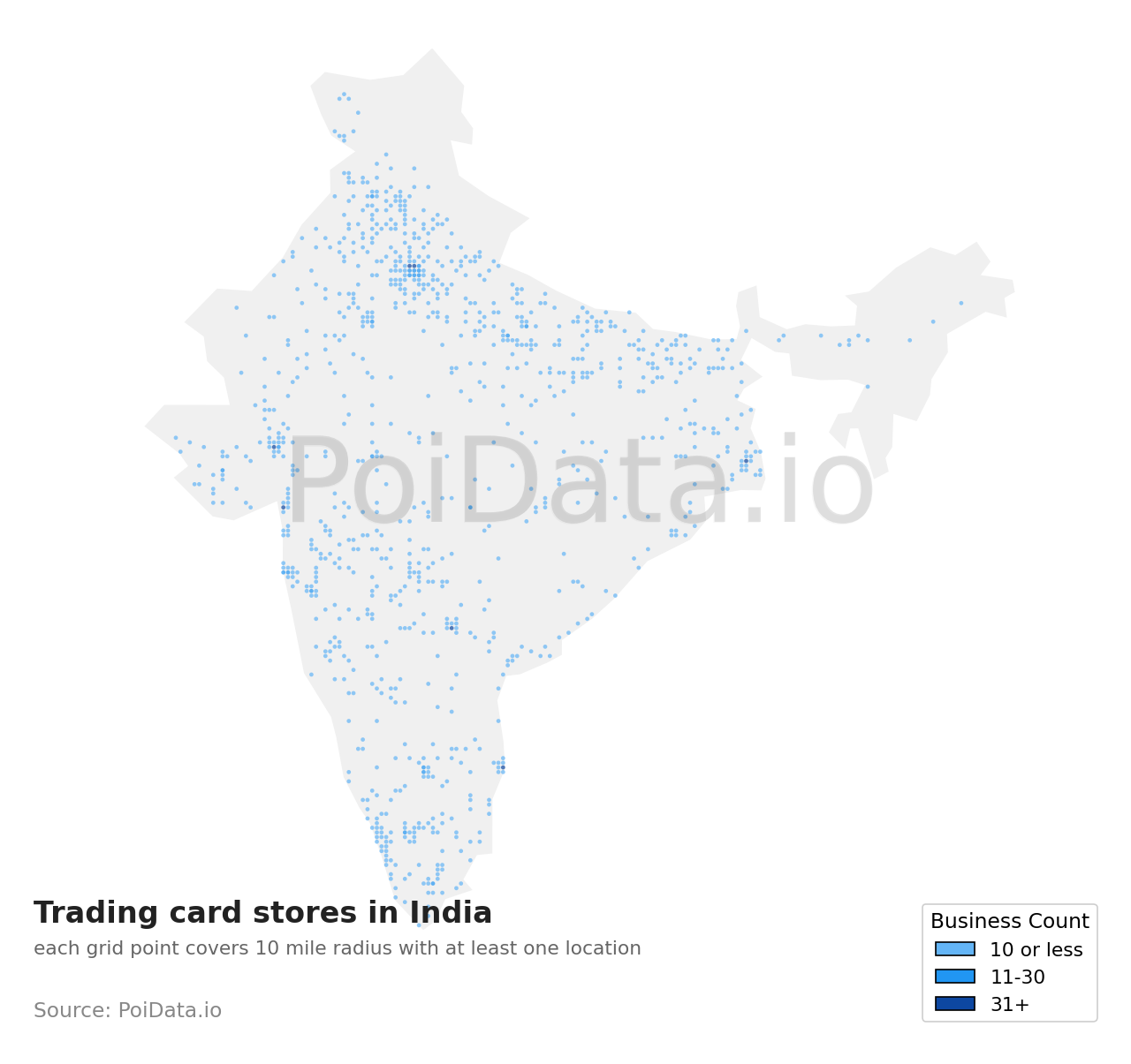 Trading card store density map for India
