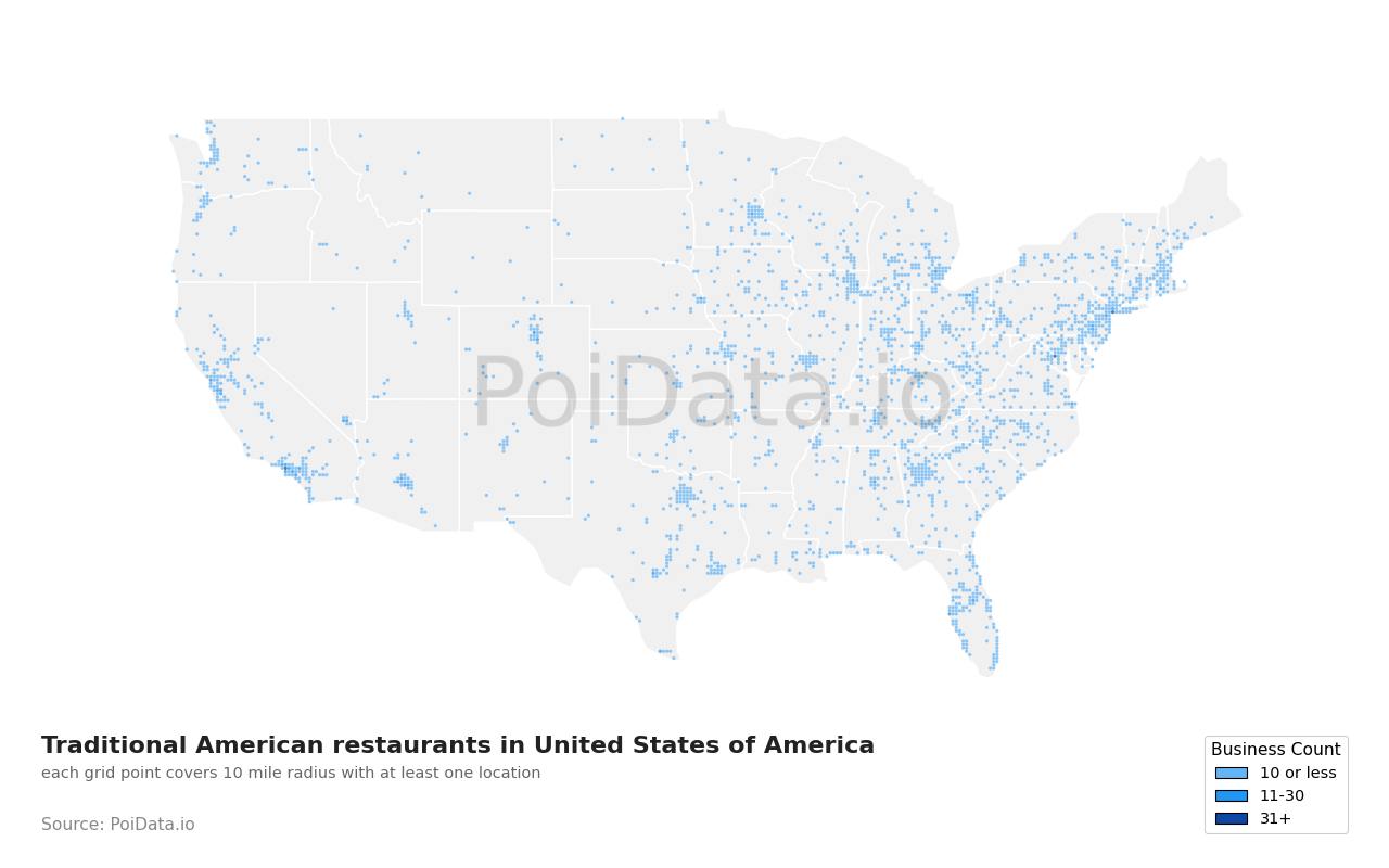 Traditional American restaurant density map for Florida, United States