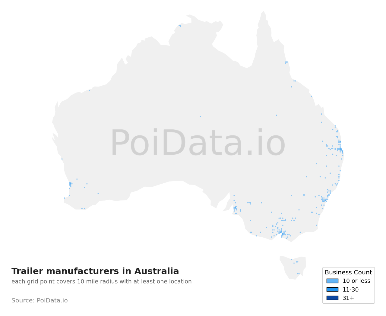 Trailer manufacturer density map for Australia