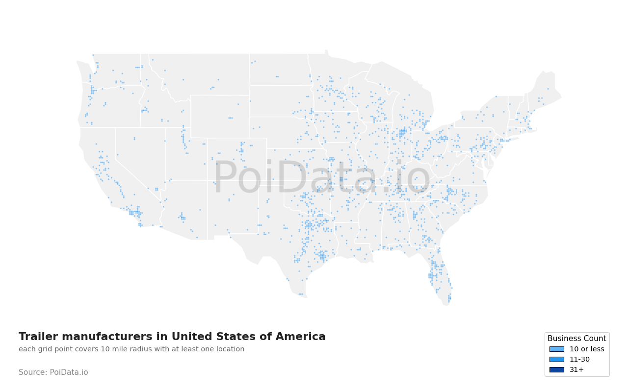 Trailer manufacturer density map for United States