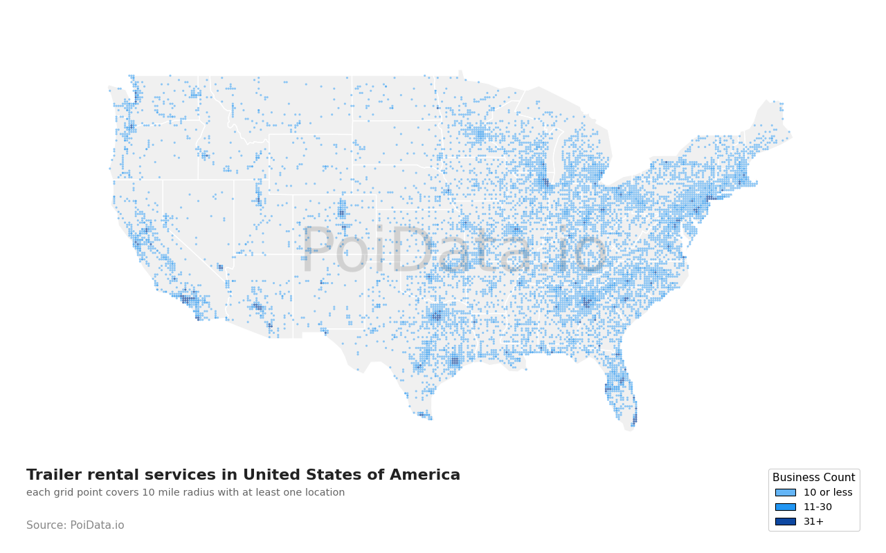 Trailer rental service density map for Florida, United States