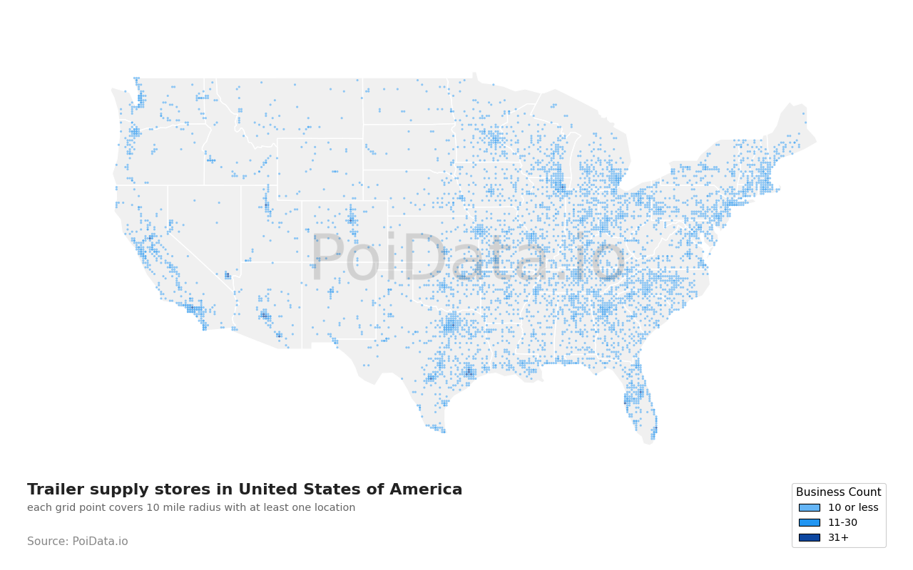 Trailer supply store density map for South Dakota, United States