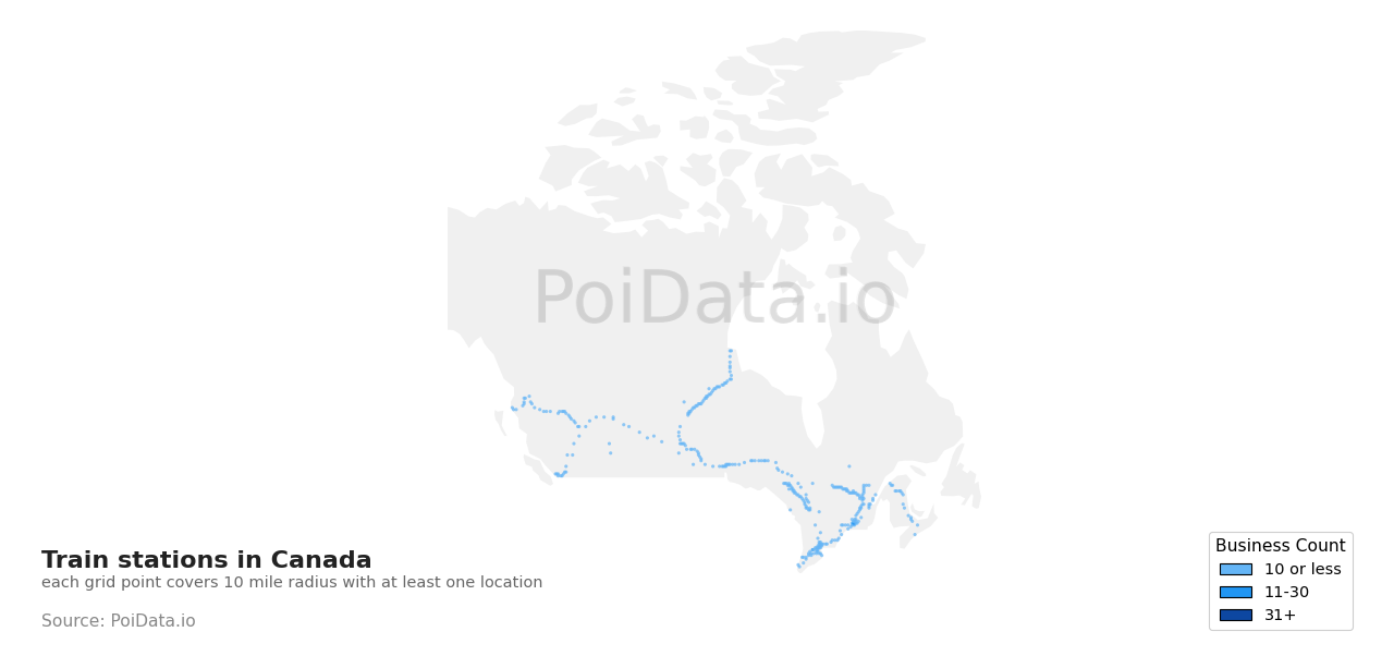 Train station density map for British Columbia, Canada
