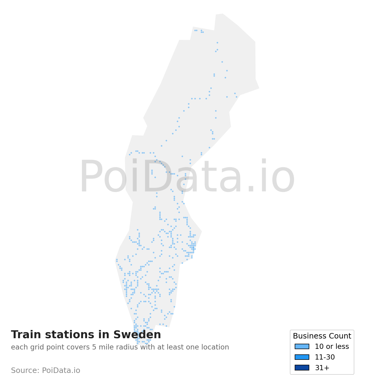 Train station density map for Sweden