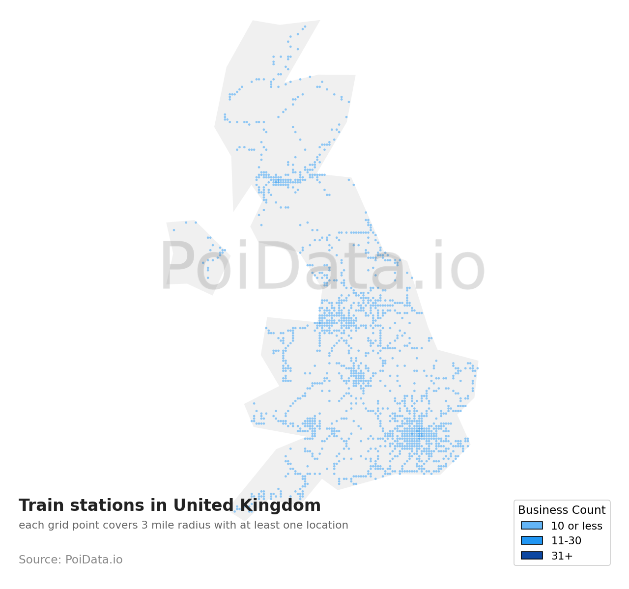 Train station density map for United Kingdom