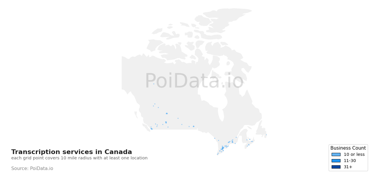 Transcription service density map for Manitoba, Canada