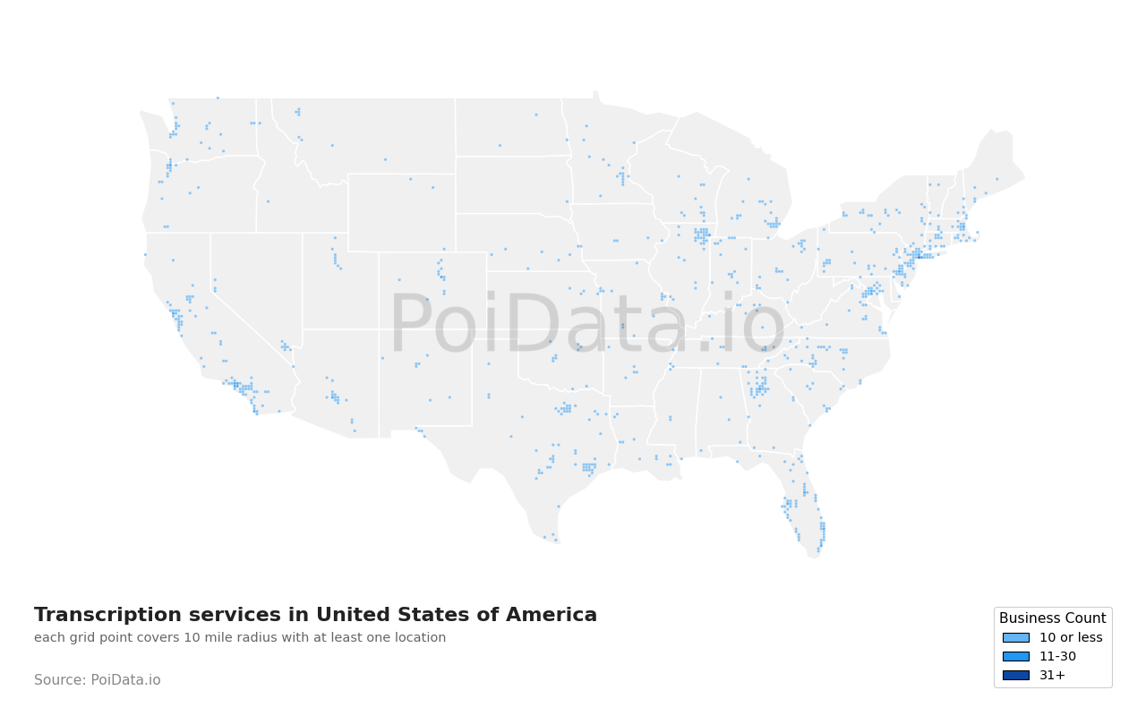 Transcription service density map for Florida, United States