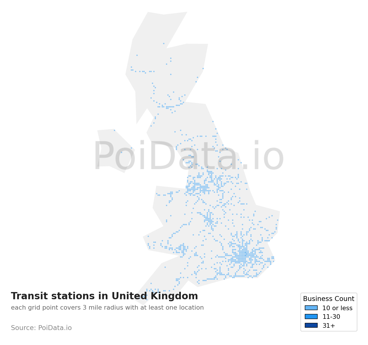 Transit station density map for United Kingdom