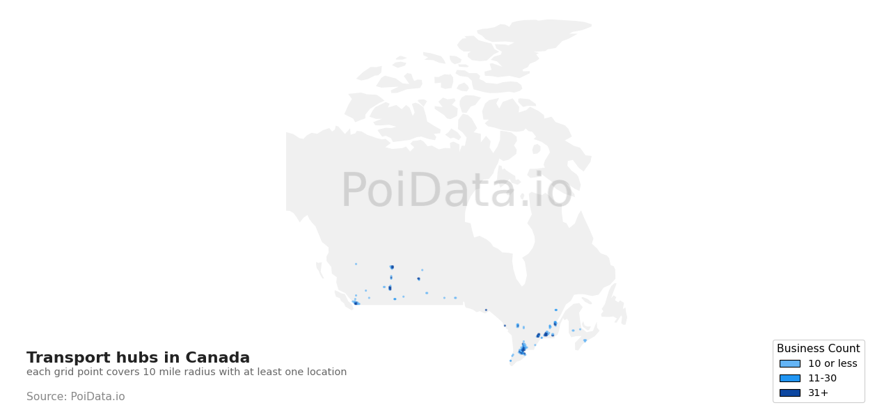 Transport hub density map for Canada