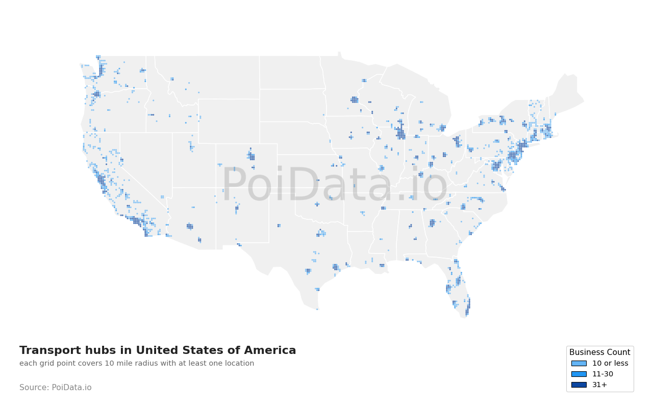 Transport hub density map for United States