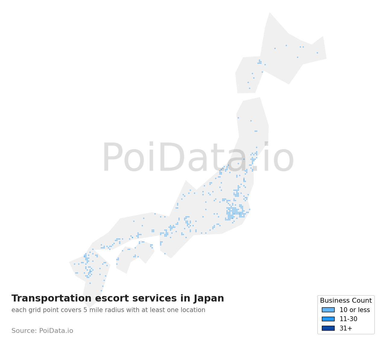 Transportation escort service density map for Japan
