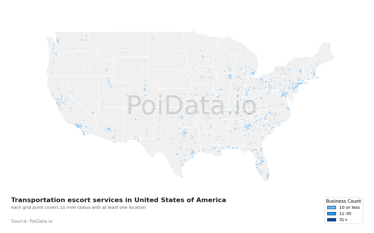 Transportation escort service density map for United States