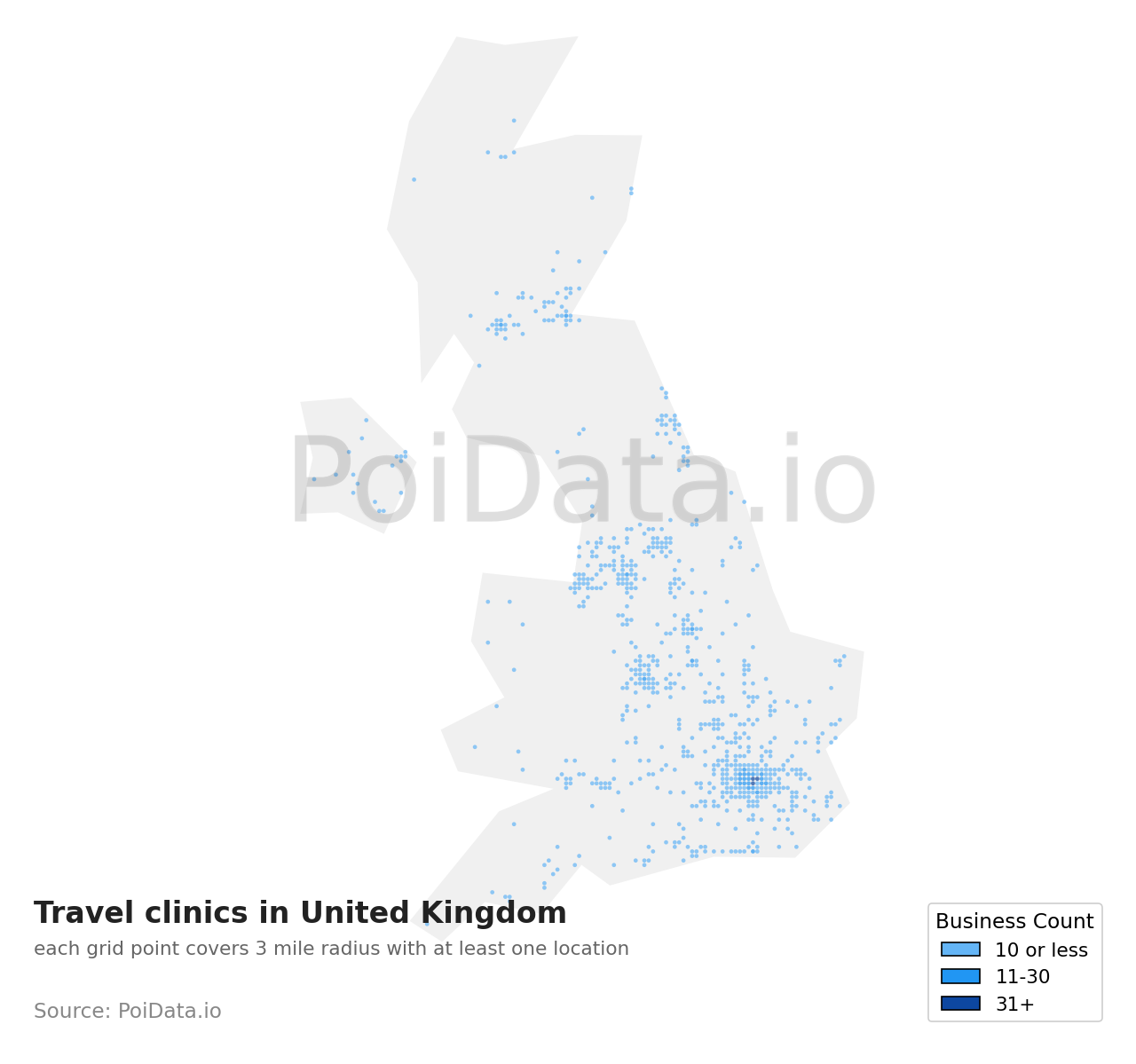 Travel clinic density map for United Kingdom