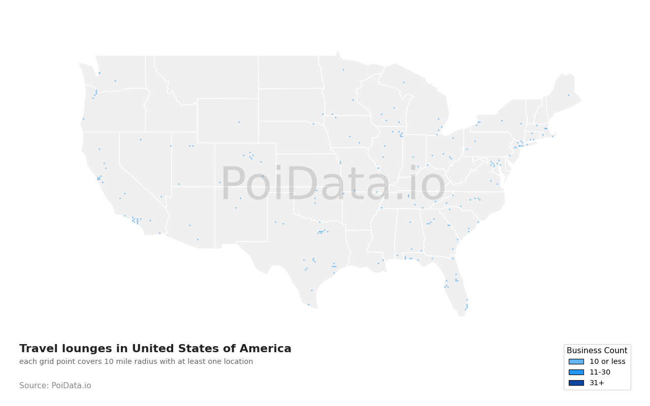 Travel lounge density map for United States