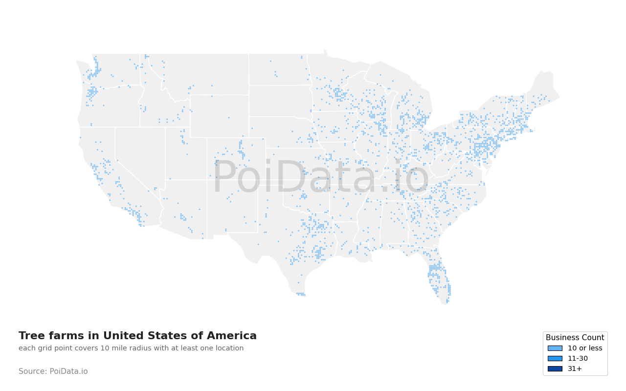 Tree farm density map for United States
