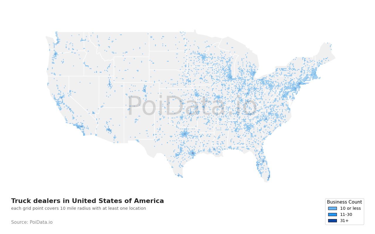 Truck dealer density map for Tennessee, United States