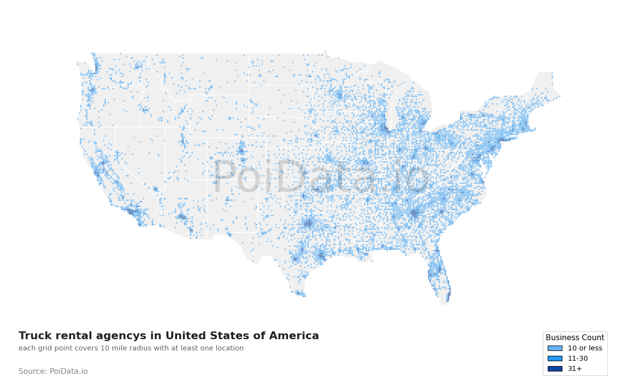 Truck rental agency density map for Florida, United States
