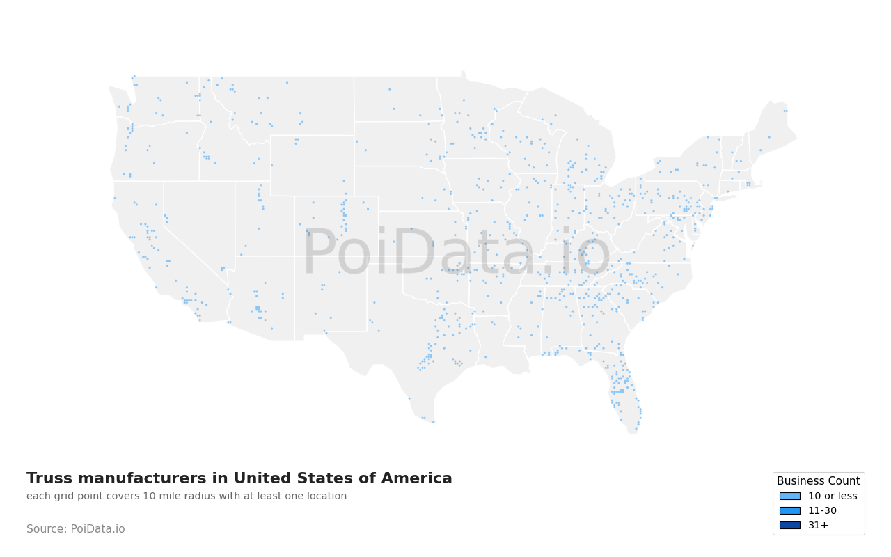 Truss manufacturer density map for United States