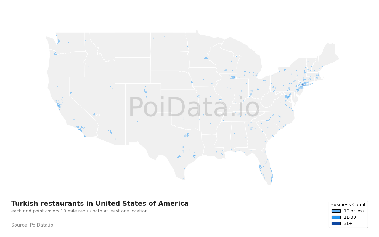 Turkish restaurant density map for United States