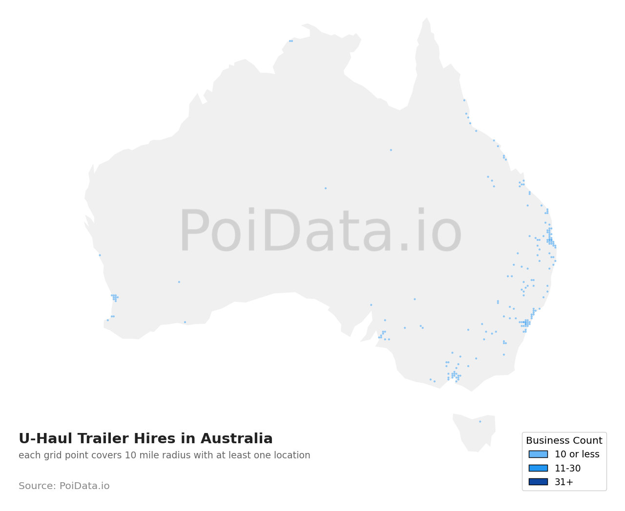 U-Haul Trailer Hire density map for Australia
