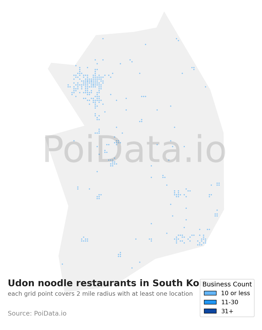 Udon noodle restaurant density map for South Korea